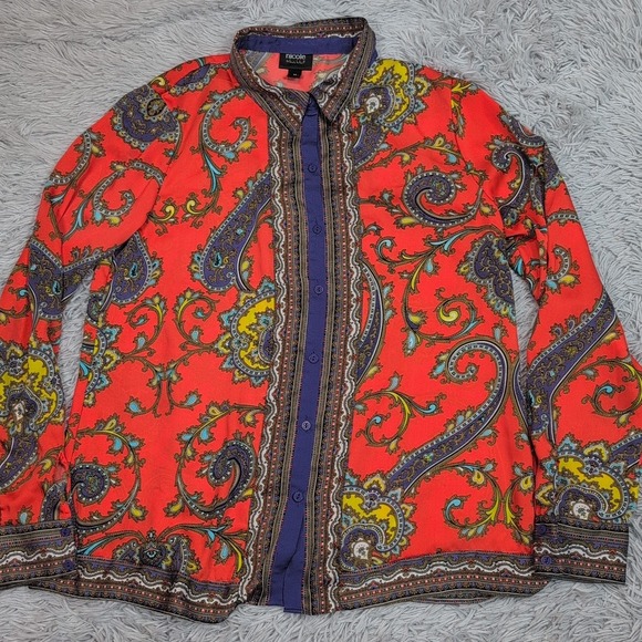 Nicole Miller Shirt Womens M Blouse Button Up Asian Oriental Paisley Smooth‎ - Picture 1 of 9